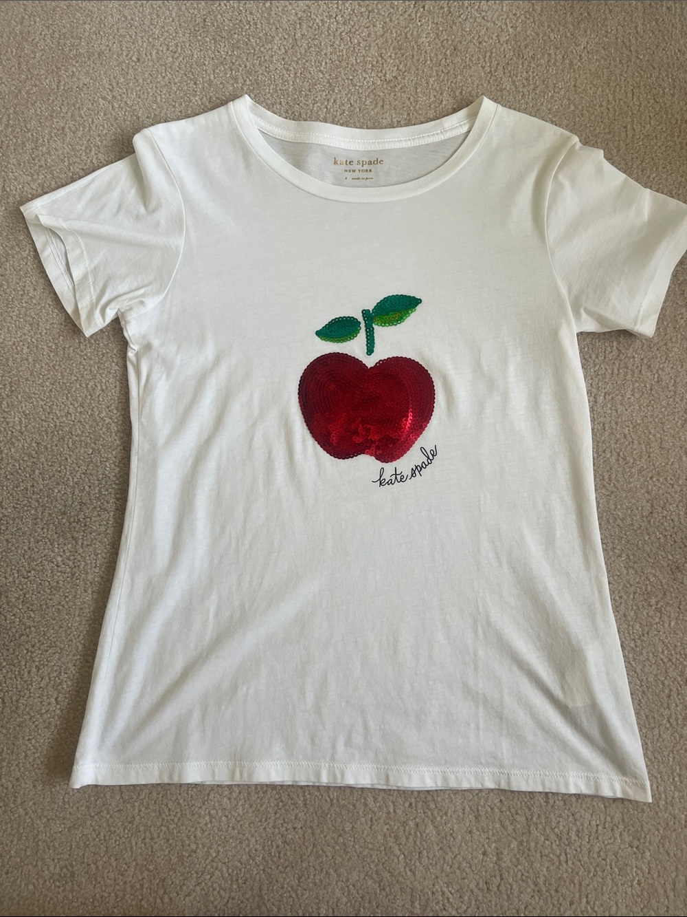 kate spade White Tee with Red Sequin Apple